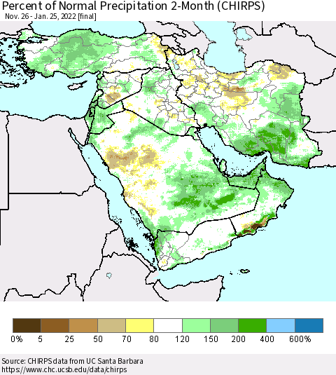 Middle East and Turkey Percent of Normal Precipitation 2-Month (CHIRPS) Thematic Map For 11/26/2021 - 1/25/2022