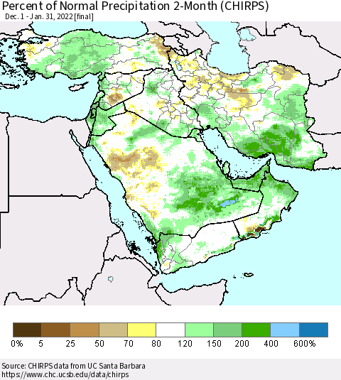 Middle East and Turkey Percent of Normal Precipitation 2-Month (CHIRPS) Thematic Map For 12/1/2021 - 1/31/2022