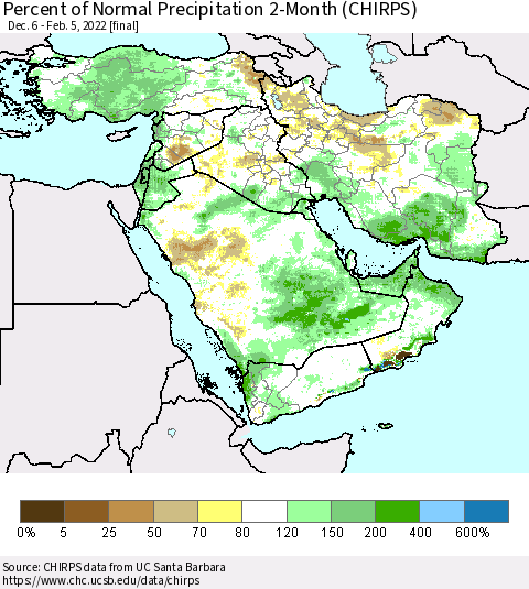 Middle East and Turkey Percent of Normal Precipitation 2-Month (CHIRPS) Thematic Map For 12/6/2021 - 2/5/2022