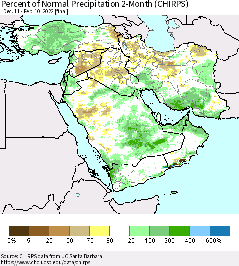 Middle East and Turkey Percent of Normal Precipitation 2-Month (CHIRPS) Thematic Map For 12/11/2021 - 2/10/2022