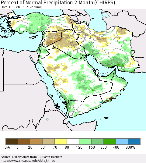 Middle East and Turkey Percent of Normal Precipitation 2-Month (CHIRPS) Thematic Map For 12/16/2021 - 2/15/2022