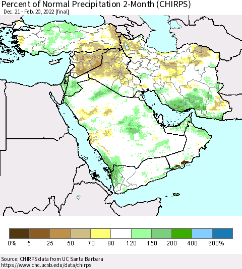 Middle East and Turkey Percent of Normal Precipitation 2-Month (CHIRPS) Thematic Map For 12/21/2021 - 2/20/2022