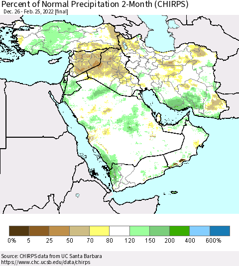 Middle East and Turkey Percent of Normal Precipitation 2-Month (CHIRPS) Thematic Map For 12/26/2021 - 2/25/2022