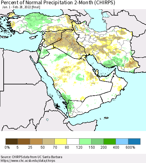 Middle East and Turkey Percent of Normal Precipitation 2-Month (CHIRPS) Thematic Map For 1/1/2022 - 2/28/2022