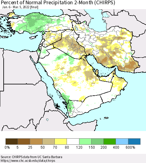 Middle East and Turkey Percent of Normal Precipitation 2-Month (CHIRPS) Thematic Map For 1/6/2022 - 3/5/2022