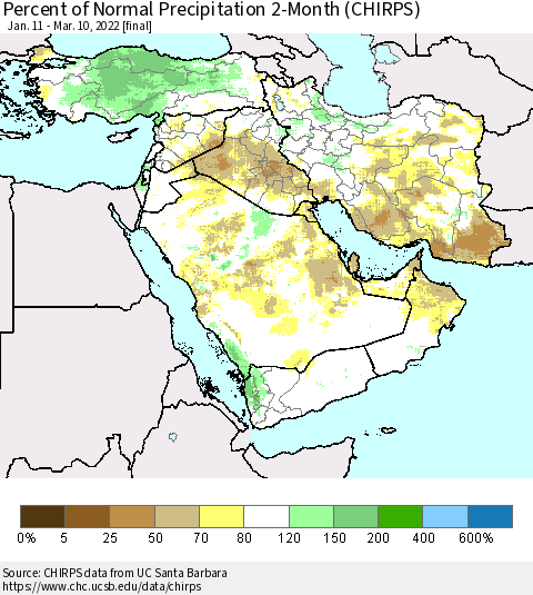 Middle East and Turkey Percent of Normal Precipitation 2-Month (CHIRPS) Thematic Map For 1/11/2022 - 3/10/2022