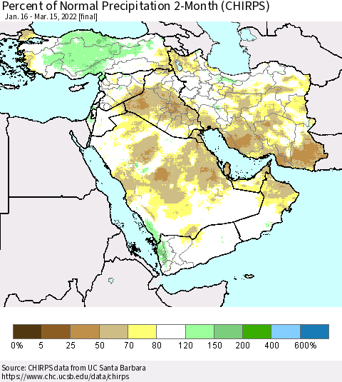 Middle East and Turkey Percent of Normal Precipitation 2-Month (CHIRPS) Thematic Map For 1/16/2022 - 3/15/2022