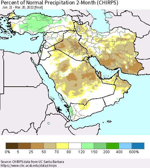 Middle East and Turkey Percent of Normal Precipitation 2-Month (CHIRPS) Thematic Map For 1/21/2022 - 3/20/2022