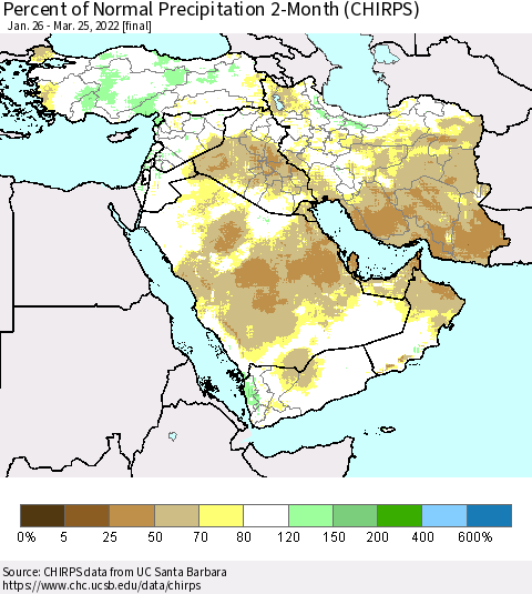 Middle East and Turkey Percent of Normal Precipitation 2-Month (CHIRPS) Thematic Map For 1/26/2022 - 3/25/2022