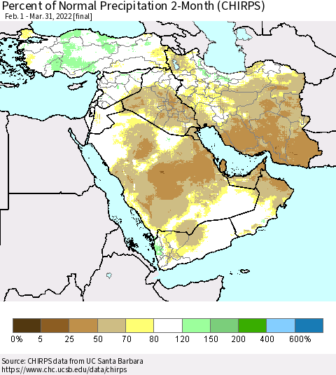 Middle East and Turkey Percent of Normal Precipitation 2-Month (CHIRPS) Thematic Map For 2/1/2022 - 3/31/2022