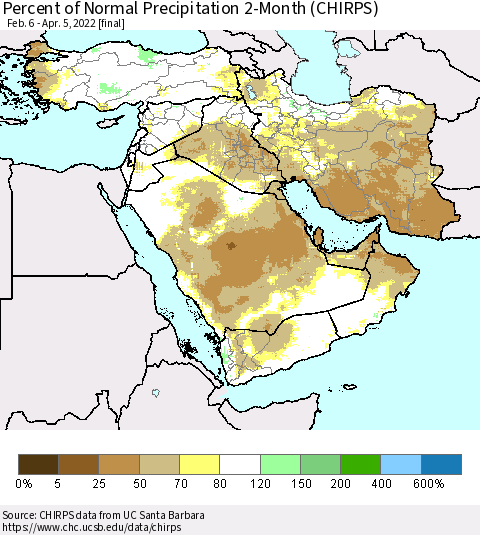 Middle East and Turkey Percent of Normal Precipitation 2-Month (CHIRPS) Thematic Map For 2/6/2022 - 4/5/2022
