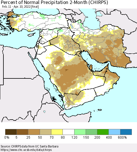 Middle East and Turkey Percent of Normal Precipitation 2-Month (CHIRPS) Thematic Map For 2/11/2022 - 4/10/2022