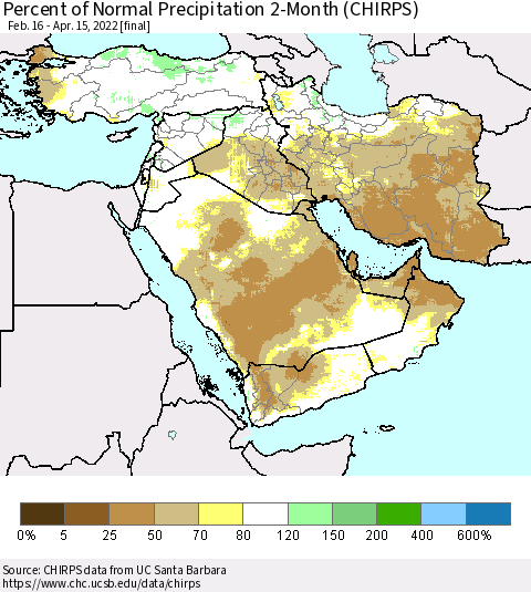 Middle East and Turkey Percent of Normal Precipitation 2-Month (CHIRPS) Thematic Map For 2/16/2022 - 4/15/2022