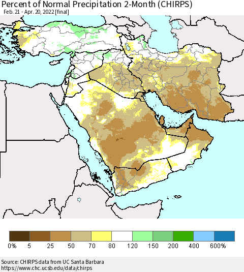 Middle East and Turkey Percent of Normal Precipitation 2-Month (CHIRPS) Thematic Map For 2/21/2022 - 4/20/2022