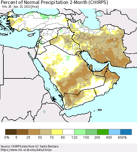 Middle East and Turkey Percent of Normal Precipitation 2-Month (CHIRPS) Thematic Map For 2/26/2022 - 4/25/2022