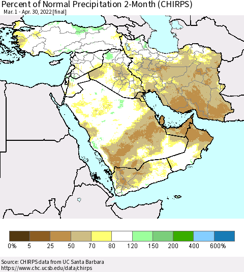 Middle East and Turkey Percent of Normal Precipitation 2-Month (CHIRPS) Thematic Map For 3/1/2022 - 4/30/2022