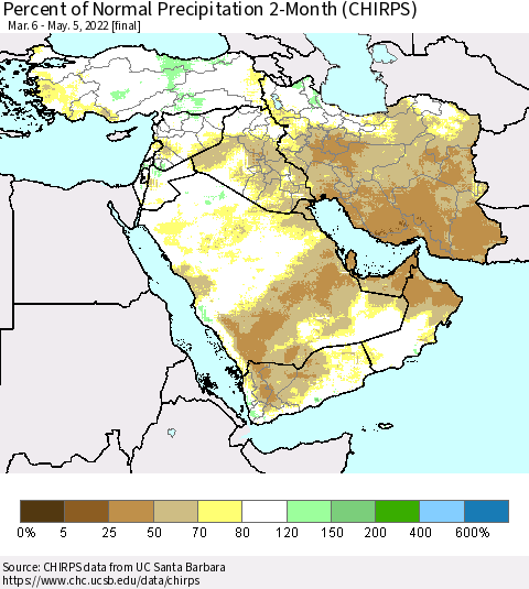 Middle East and Turkey Percent of Normal Precipitation 2-Month (CHIRPS) Thematic Map For 3/6/2022 - 5/5/2022