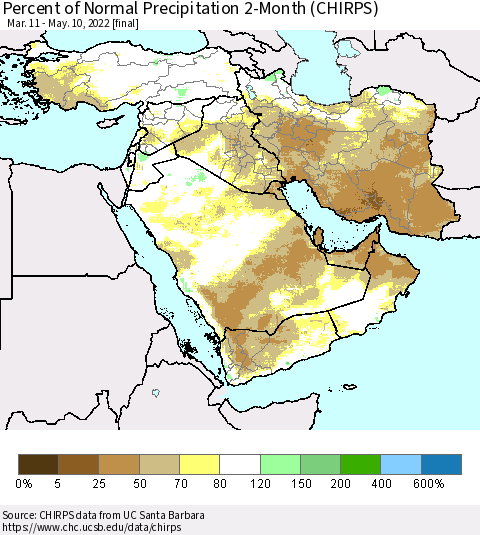 Middle East and Turkey Percent of Normal Precipitation 2-Month (CHIRPS) Thematic Map For 3/11/2022 - 5/10/2022