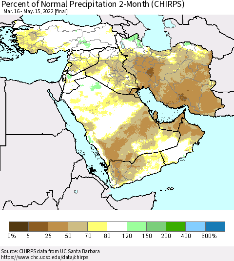 Middle East and Turkey Percent of Normal Precipitation 2-Month (CHIRPS) Thematic Map For 3/16/2022 - 5/15/2022