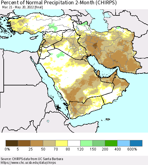 Middle East and Turkey Percent of Normal Precipitation 2-Month (CHIRPS) Thematic Map For 3/21/2022 - 5/20/2022