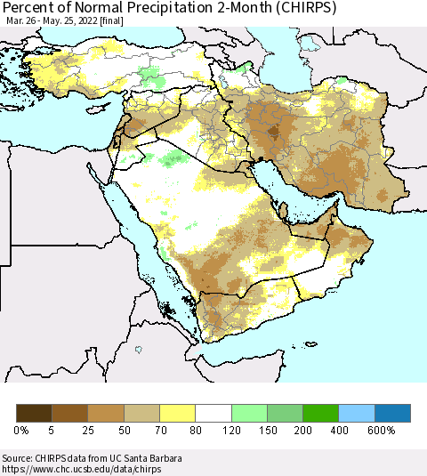 Middle East and Turkey Percent of Normal Precipitation 2-Month (CHIRPS) Thematic Map For 3/26/2022 - 5/25/2022