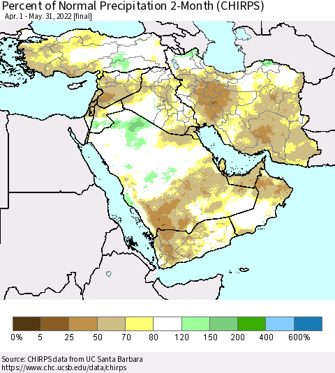 Middle East and Turkey Percent of Normal Precipitation 2-Month (CHIRPS) Thematic Map For 4/1/2022 - 5/31/2022