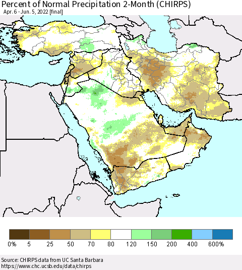 Middle East and Turkey Percent of Normal Precipitation 2-Month (CHIRPS) Thematic Map For 4/6/2022 - 6/5/2022