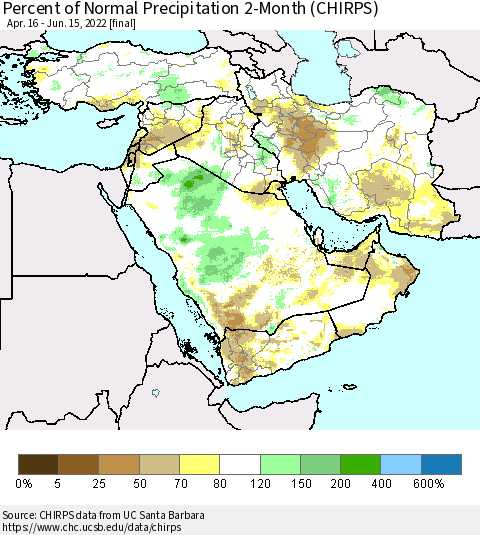 Middle East and Turkey Percent of Normal Precipitation 2-Month (CHIRPS) Thematic Map For 4/16/2022 - 6/15/2022