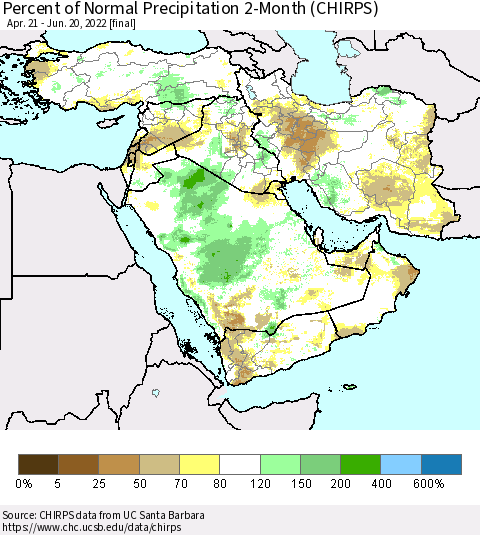 Middle East and Turkey Percent of Normal Precipitation 2-Month (CHIRPS) Thematic Map For 4/21/2022 - 6/20/2022