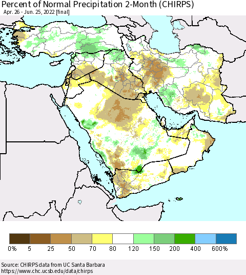Middle East and Turkey Percent of Normal Precipitation 2-Month (CHIRPS) Thematic Map For 4/26/2022 - 6/25/2022