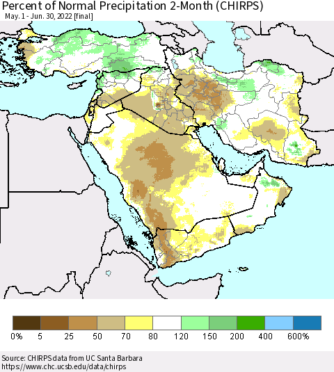 Middle East and Turkey Percent of Normal Precipitation 2-Month (CHIRPS) Thematic Map For 5/1/2022 - 6/30/2022