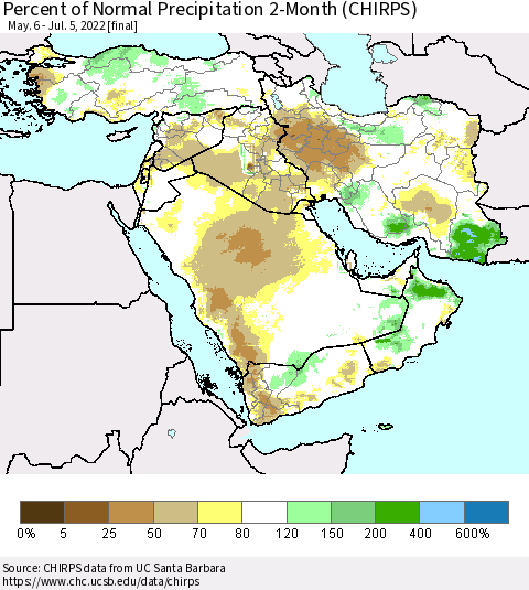 Middle East and Turkey Percent of Normal Precipitation 2-Month (CHIRPS) Thematic Map For 5/6/2022 - 7/5/2022
