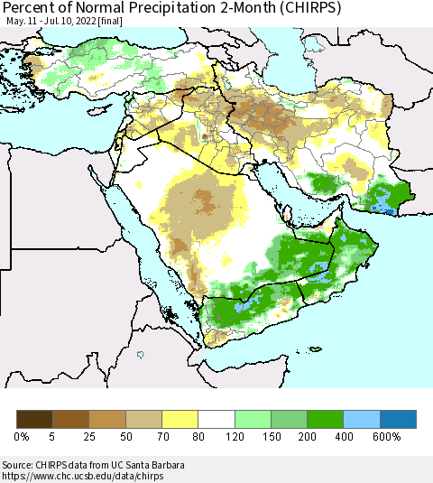 Middle East and Turkey Percent of Normal Precipitation 2-Month (CHIRPS) Thematic Map For 5/11/2022 - 7/10/2022