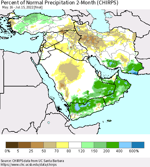 Middle East and Turkey Percent of Normal Precipitation 2-Month (CHIRPS) Thematic Map For 5/16/2022 - 7/15/2022
