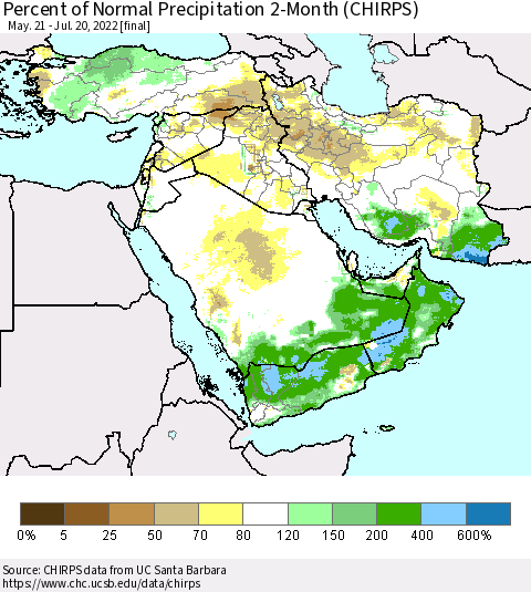 Middle East and Turkey Percent of Normal Precipitation 2-Month (CHIRPS) Thematic Map For 5/21/2022 - 7/20/2022