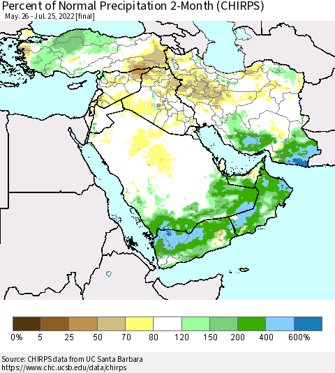 Middle East and Turkey Percent of Normal Precipitation 2-Month (CHIRPS) Thematic Map For 5/26/2022 - 7/25/2022