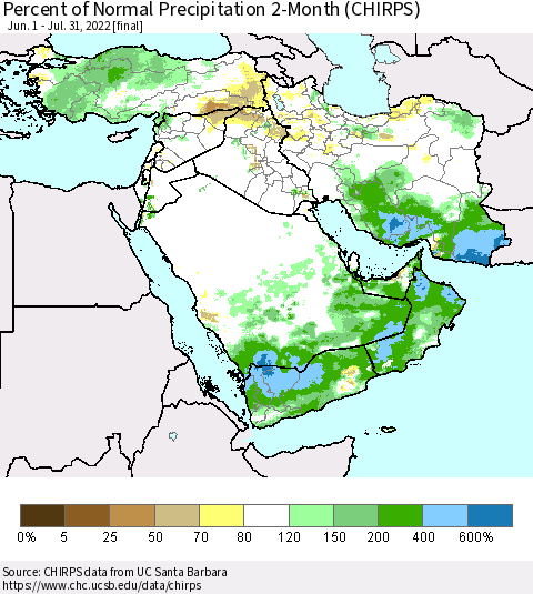 Middle East and Turkey Percent of Normal Precipitation 2-Month (CHIRPS) Thematic Map For 6/1/2022 - 7/31/2022