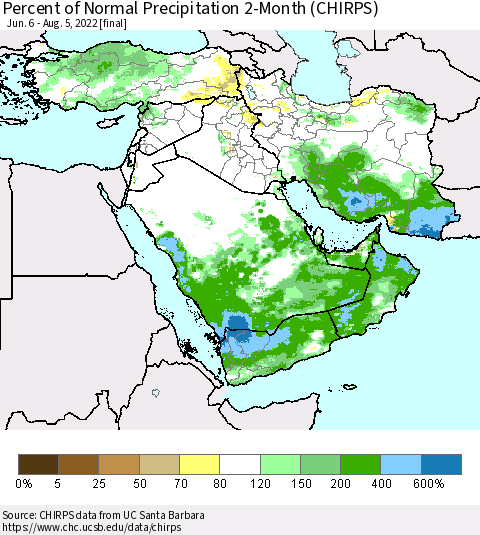 Middle East and Turkey Percent of Normal Precipitation 2-Month (CHIRPS) Thematic Map For 6/6/2022 - 8/5/2022
