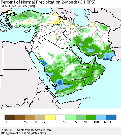 Middle East and Turkey Percent of Normal Precipitation 2-Month (CHIRPS) Thematic Map For 6/11/2022 - 8/10/2022