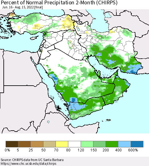 Middle East and Turkey Percent of Normal Precipitation 2-Month (CHIRPS) Thematic Map For 6/16/2022 - 8/15/2022