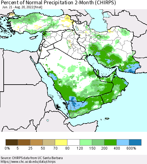 Middle East and Turkey Percent of Normal Precipitation 2-Month (CHIRPS) Thematic Map For 6/21/2022 - 8/20/2022