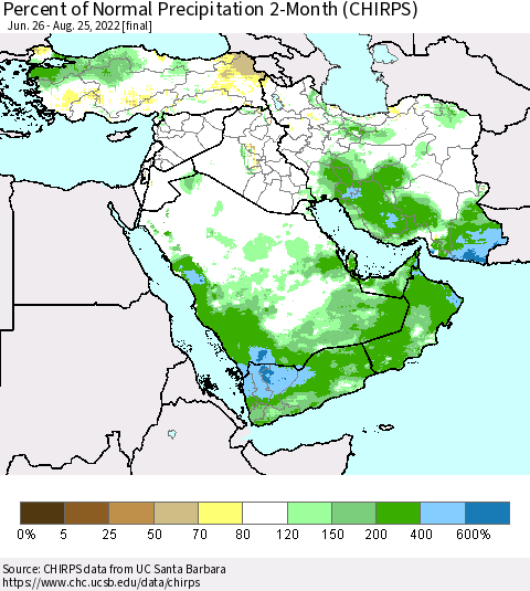 Middle East and Turkey Percent of Normal Precipitation 2-Month (CHIRPS) Thematic Map For 6/26/2022 - 8/25/2022