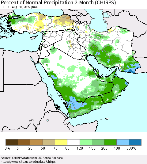 Middle East and Turkey Percent of Normal Precipitation 2-Month (CHIRPS) Thematic Map For 7/1/2022 - 8/31/2022