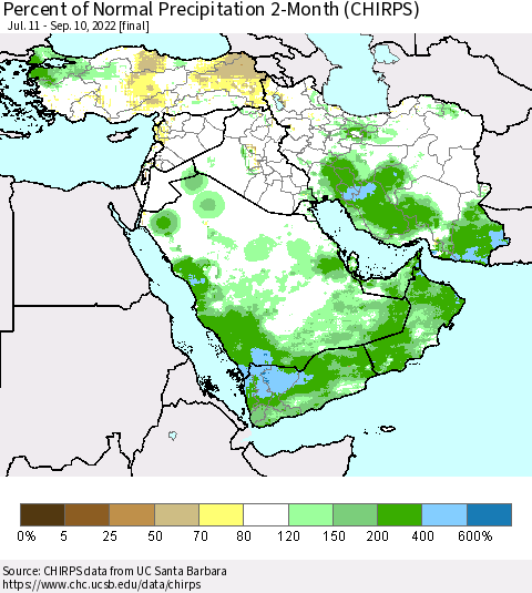 Middle East and Turkey Percent of Normal Precipitation 2-Month (CHIRPS) Thematic Map For 7/11/2022 - 9/10/2022