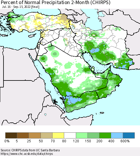 Middle East and Turkey Percent of Normal Precipitation 2-Month (CHIRPS) Thematic Map For 7/16/2022 - 9/15/2022