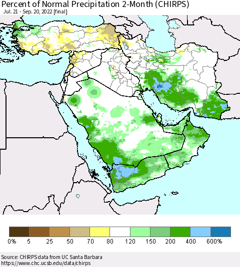 Middle East and Turkey Percent of Normal Precipitation 2-Month (CHIRPS) Thematic Map For 7/21/2022 - 9/20/2022