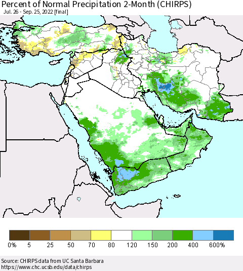 Middle East and Turkey Percent of Normal Precipitation 2-Month (CHIRPS) Thematic Map For 7/26/2022 - 9/25/2022