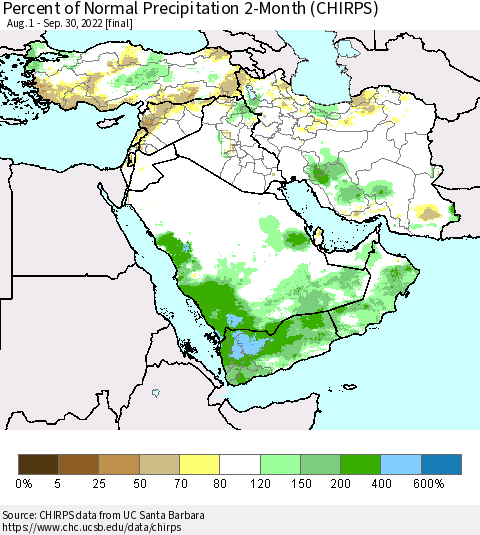 Middle East and Turkey Percent of Normal Precipitation 2-Month (CHIRPS) Thematic Map For 8/1/2022 - 9/30/2022