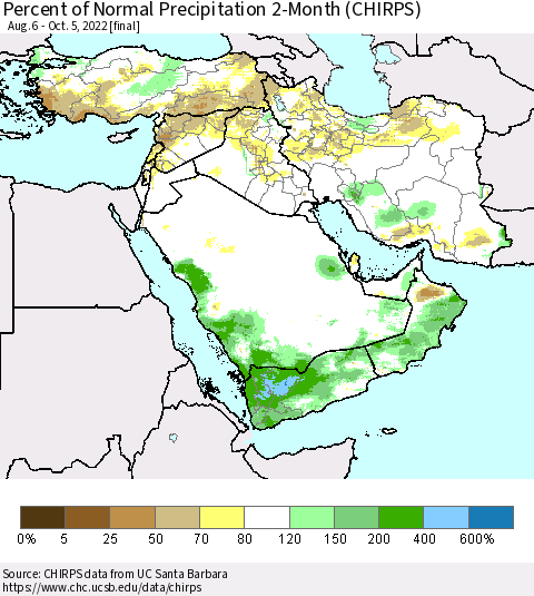 Middle East and Turkey Percent of Normal Precipitation 2-Month (CHIRPS) Thematic Map For 8/6/2022 - 10/5/2022