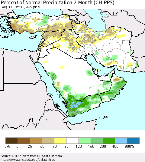 Middle East and Turkey Percent of Normal Precipitation 2-Month (CHIRPS) Thematic Map For 8/11/2022 - 10/10/2022